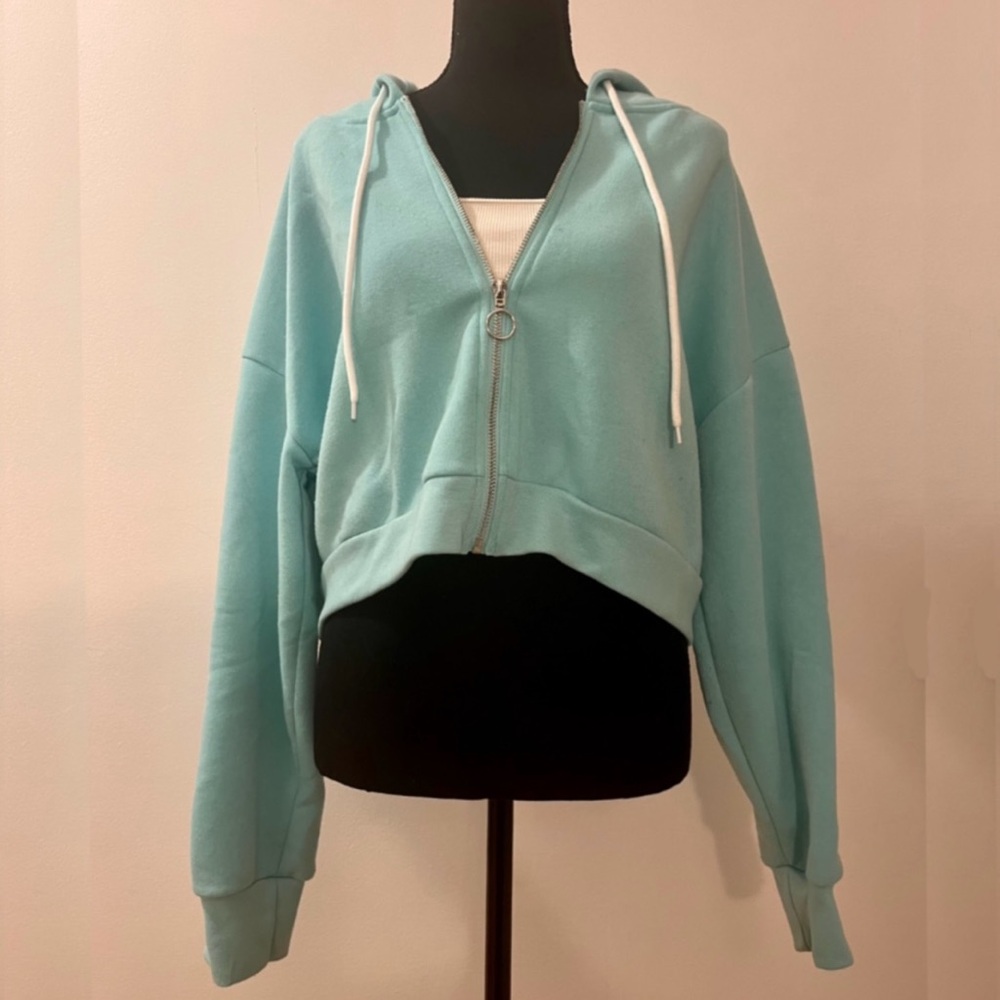 Teal zip up sweater crop top